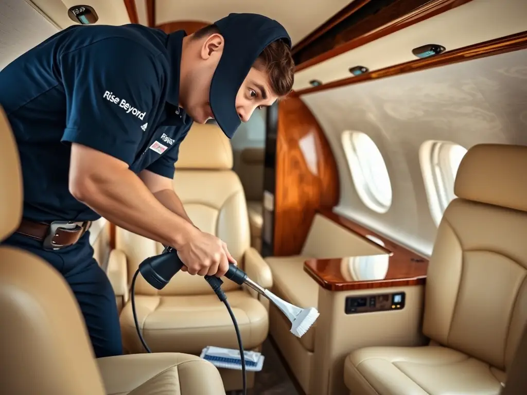 A highly detailed image of a certified Rise Beyond crew meticulously cleaning the interior of a private jet cabin, showcasing their attention to detail and use of aviation-approved cleaning materials.