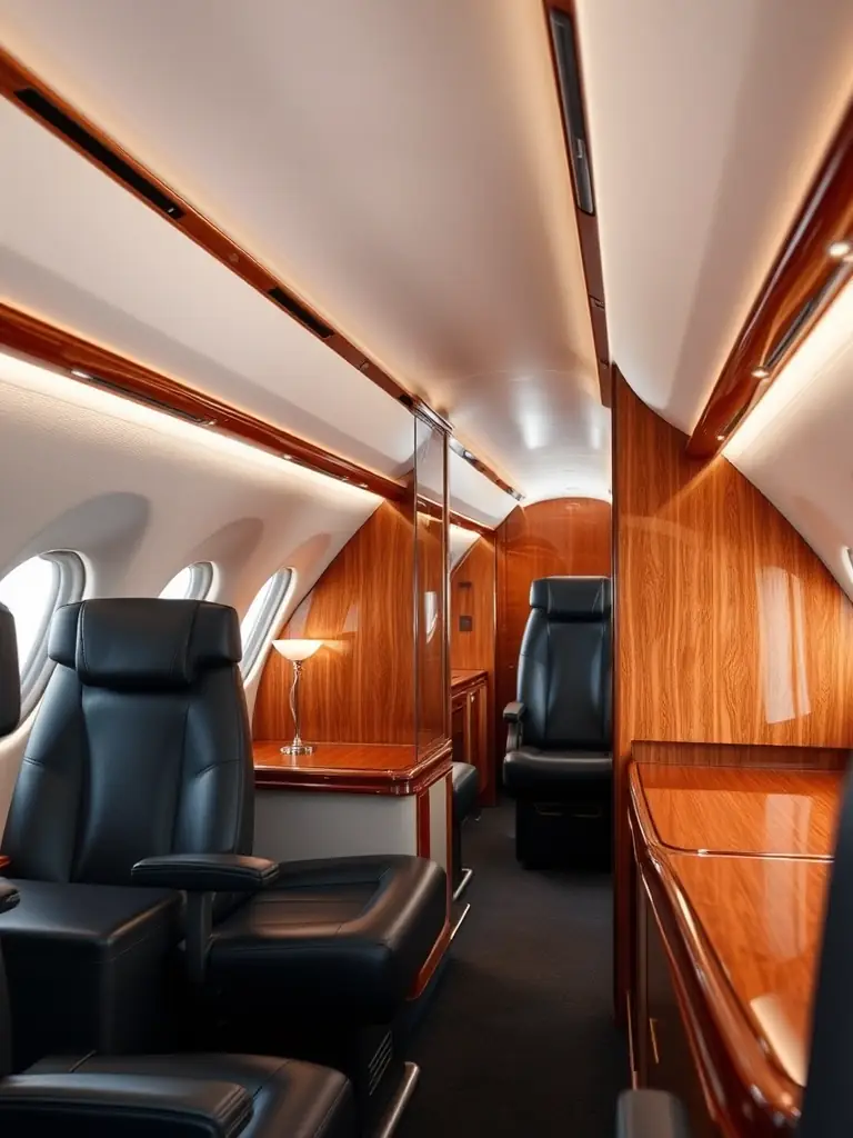 An immaculately cleaned private jet cabin with plush leather seats and polished wood trim, showcasing the attention to detail in Rise Beyond's aircraft cleaning services.