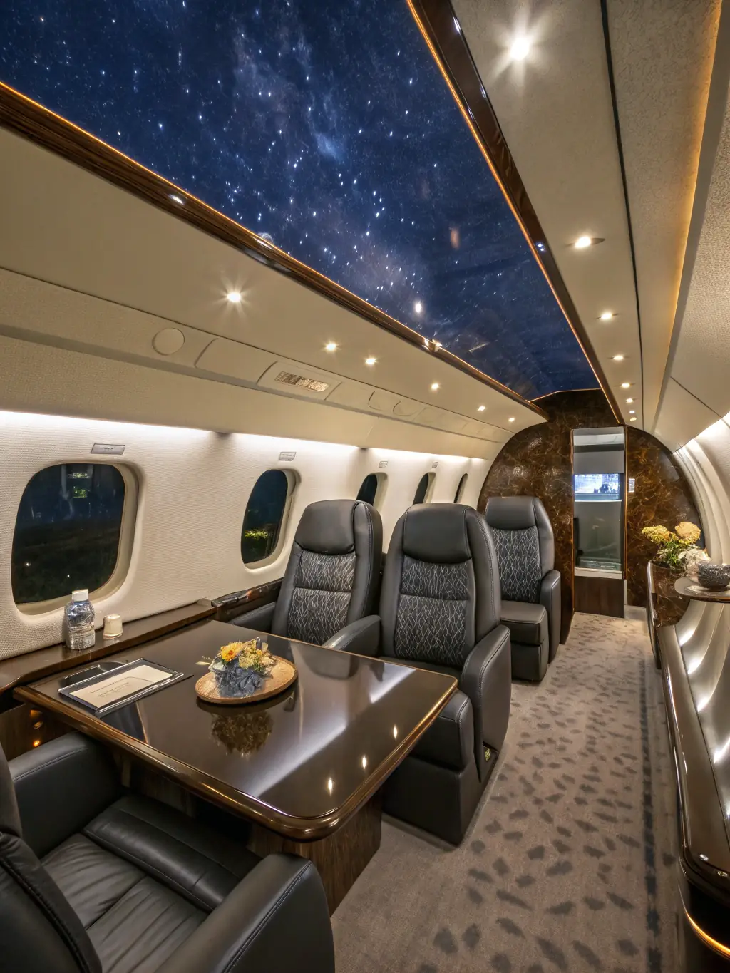 A high-angle shot of a spotless aircraft cabin interior, showcasing the meticulous cleaning and hygiene standards maintained by Rise Beyond.