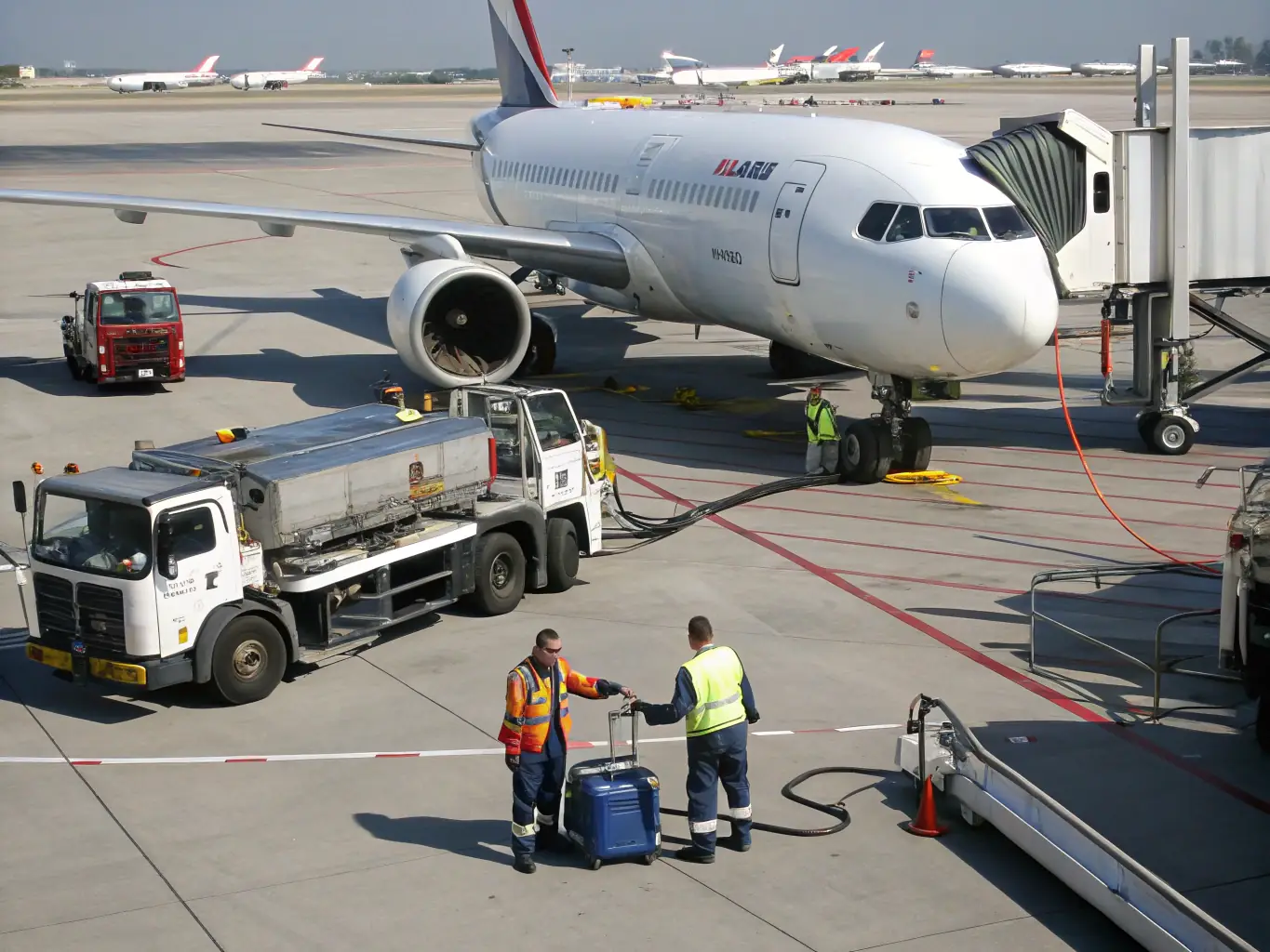 A ground handling crew efficiently coordinating aircraft parking and baggage loading at a busy airport apron, demonstrating the seamless operations provided by Rise Beyond Charters & Services.