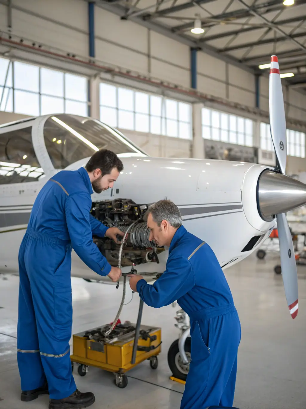 A Rise Beyond technician performing a detailed inspection of an aircraft's exterior, emphasizing the company's dedication to safety and precision.