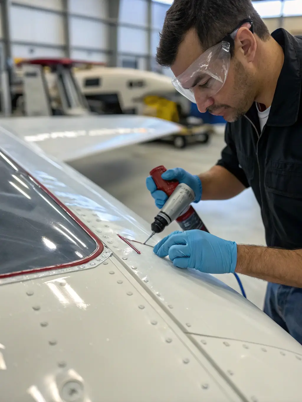 A close-up of a Rise Beyond certified crew member meticulously cleaning an aircraft surface with specialized equipment.