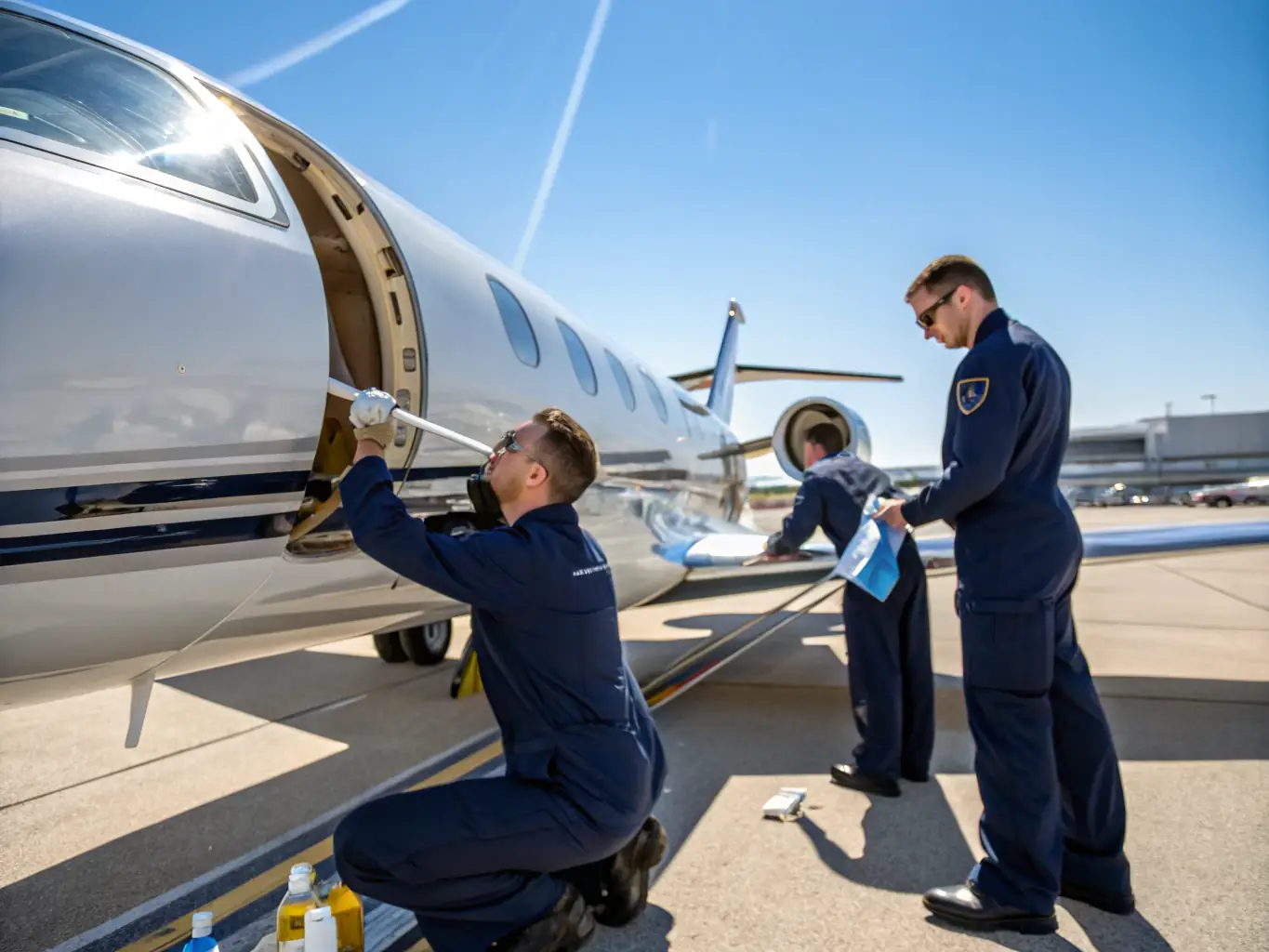 A professional crew meticulously cleaning the interior of a private jet, showcasing the attention to detail and hygiene standards upheld by Rise Beyond Charters & Services.