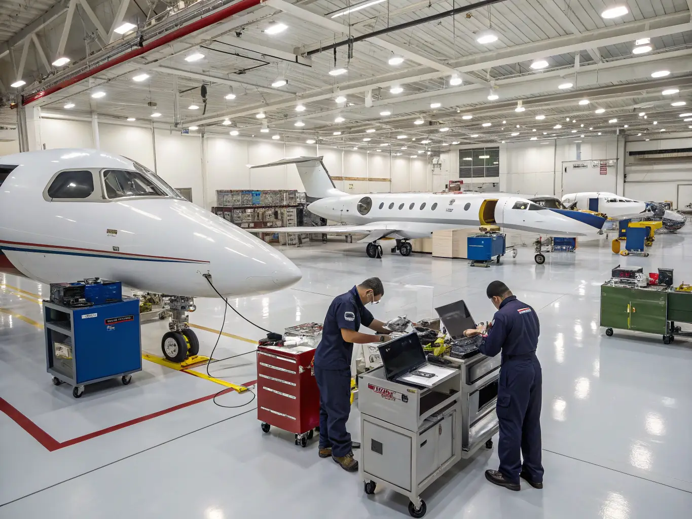 A team of aviation support specialists providing technical assistance and maintenance services to a private jet, highlighting the comprehensive support offered by Rise Beyond Charters & Services.
